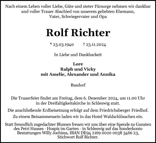 Traueranzeige von Rolf Richter von Schleswiger Nachrichten, Schlei-Bote