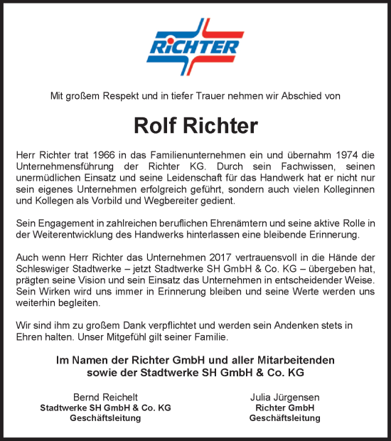 Traueranzeige von Rolf Richter von Schleswiger Nachrichten, Schlei-Bote