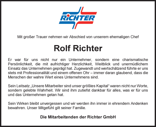 Traueranzeige von Rolf Richter von Schleswiger Nachrichten, Schlei-Bote