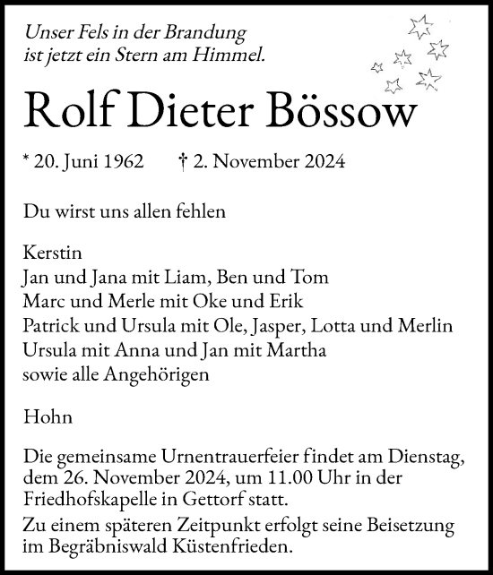 Traueranzeige von Rolf Dieter Bössow von Schleswig-Holsteinische Landeszeitung