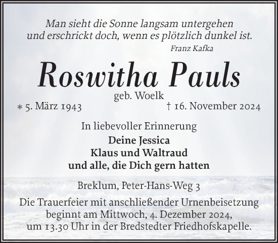 Traueranzeige von Roswitha Pauls von Husumer Nachrichten, Nordfriesland Tageblatt