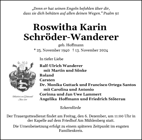 Traueranzeige von Roswitha Schröder-Wanderer von Eckernförder Zeitung, Hallo Eckernförde