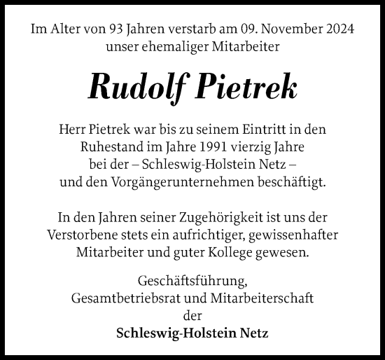 Traueranzeige von Rudolf Pietrek von Schleswig-Holsteinische Landeszeitung