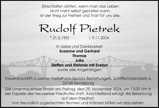 Traueranzeige von Rudolf Pietrek von Schleswig-Holsteinische Landeszeitung