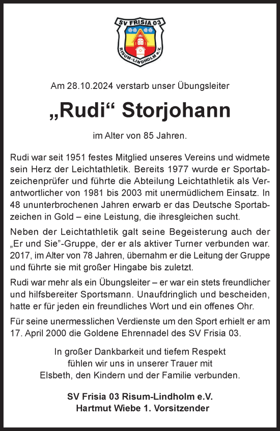 Traueranzeige von Rudolf Storjohann von Husumer Nachrichten, Nordfriesland Tageblatt