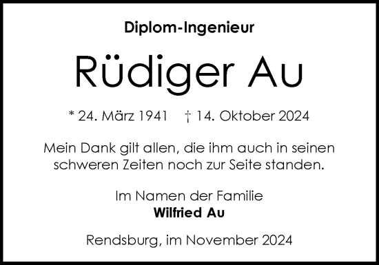 Traueranzeige von Rüdiger Au von Schleswig-Holsteinische Landeszeitung