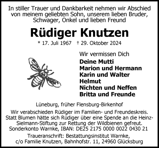 Traueranzeige von Rüdiger Knutzen von Flensburger Tageblatt