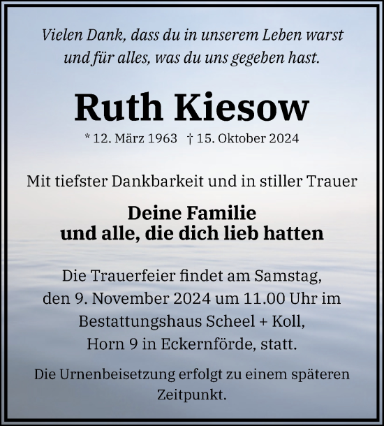 Traueranzeige von Ruth Kiesow von Eckernförder Zeitung, Hallo Eckernförde