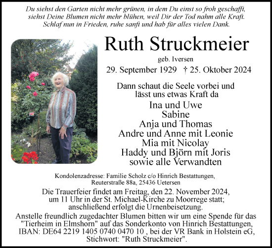 Traueranzeige von Ruth Struckmeier von Uetersener Nachrichten, Der tip am Wochenende