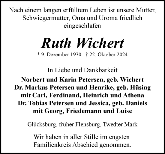 Traueranzeige von Ruth Wichert von Flensburger Tageblatt