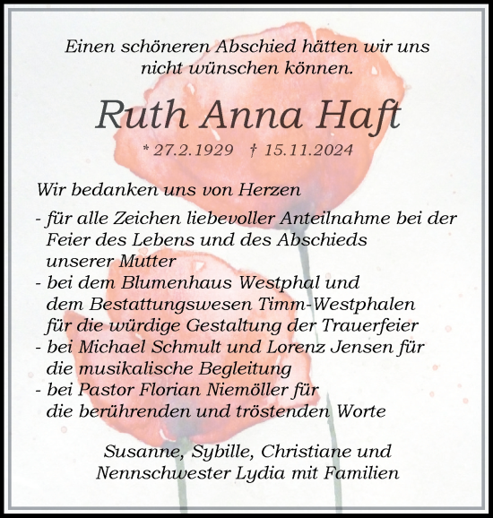 Traueranzeige von Ruth Anna Haft von Region Pinneberg und tip Pinneberg