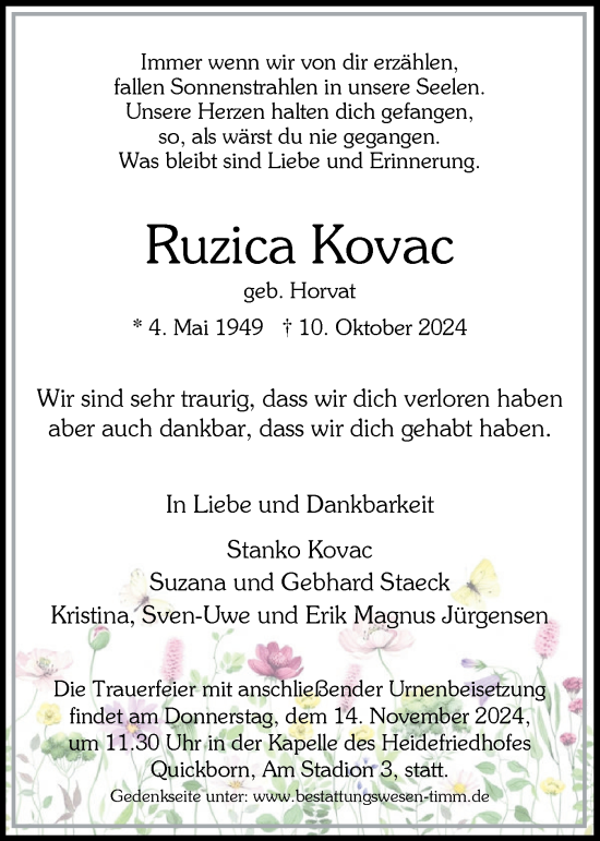 Traueranzeige von Ruzica Kovac von Region Pinneberg und tip Pinneberg