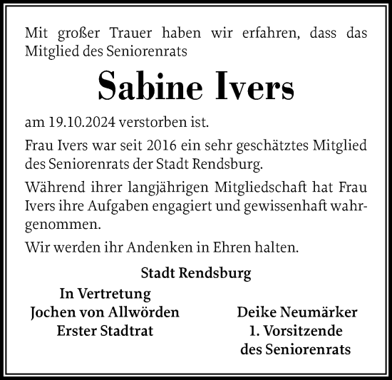 Traueranzeige von Sabine Ivers von Schleswig-Holsteinische Landeszeitung