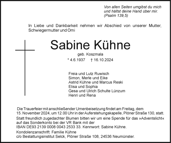 Traueranzeige von Sabine Kühne von Holsteinischer Courier