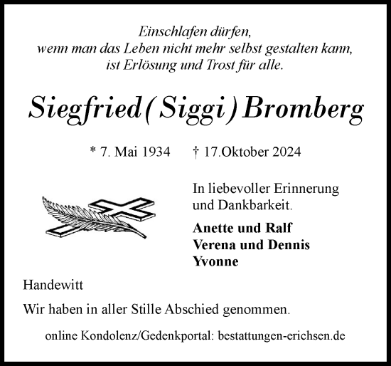 Traueranzeige von Siegfried Bromberg von Flensburger Tageblatt