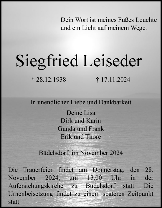 Traueranzeige von Siegfried Leiseder von Schleswig-Holsteinische Landeszeitung