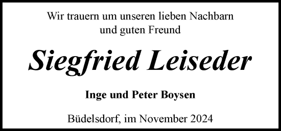 Traueranzeige von Siegfried Leiseder von Schleswig-Holsteinische Landeszeitung