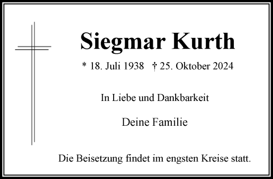 Traueranzeige von Siegmar Kurth von Stormaner Tageblatt