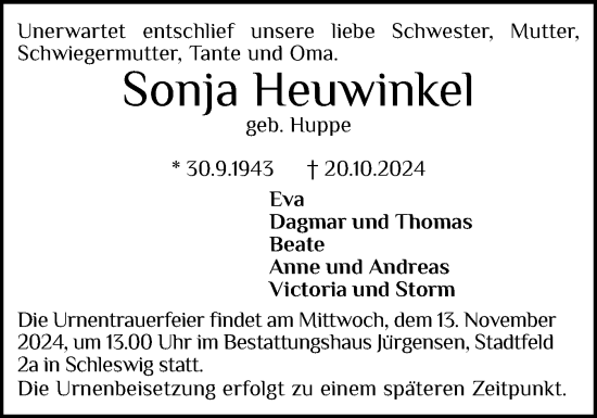 Traueranzeige von Sonja Heuwinkel von Schleswiger Nachrichten, Schlei-Bote