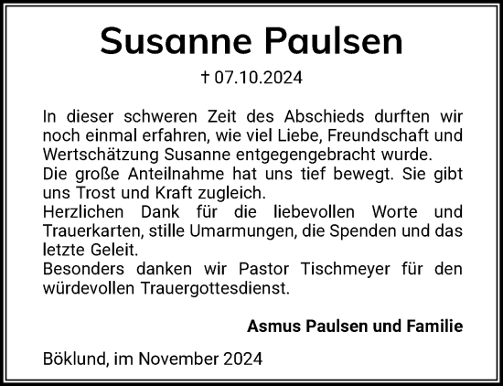 Traueranzeige von Susanne Paulsen von Flensburger Tageblatt, Schleswiger Nachrichten, Schlei-Bote