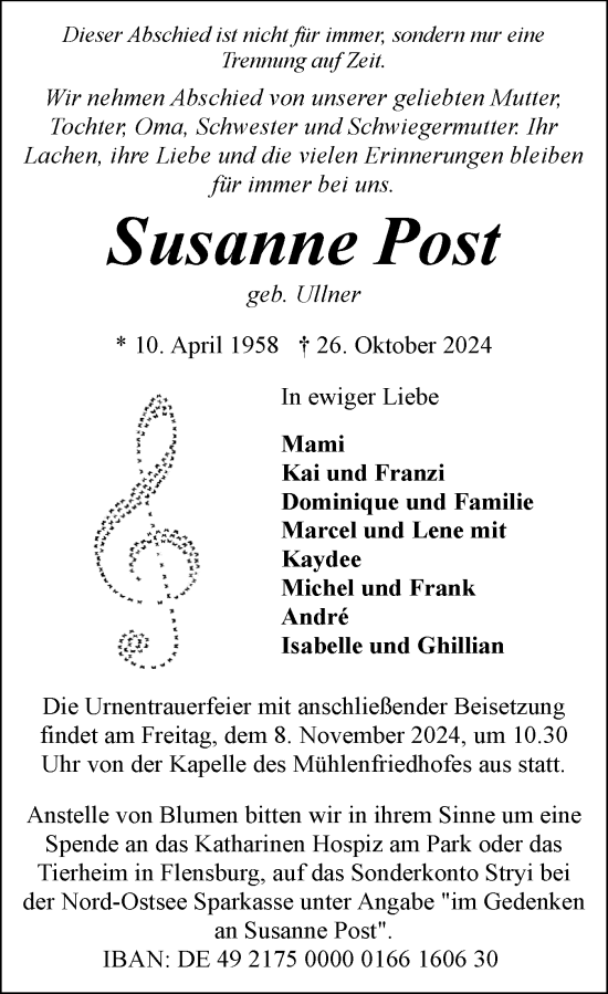 Traueranzeige von Susanne Post von Flensburger Tageblatt