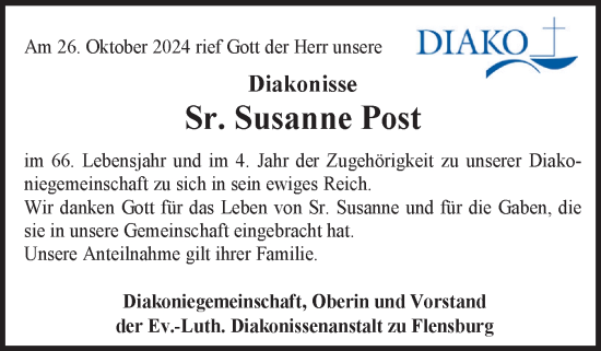 Traueranzeige von Susanne Post von Flensburger Tageblatt