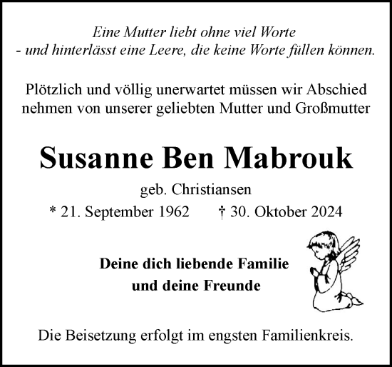 Traueranzeige von Susanne Ben Mabrouk von Flensburger Tageblatt