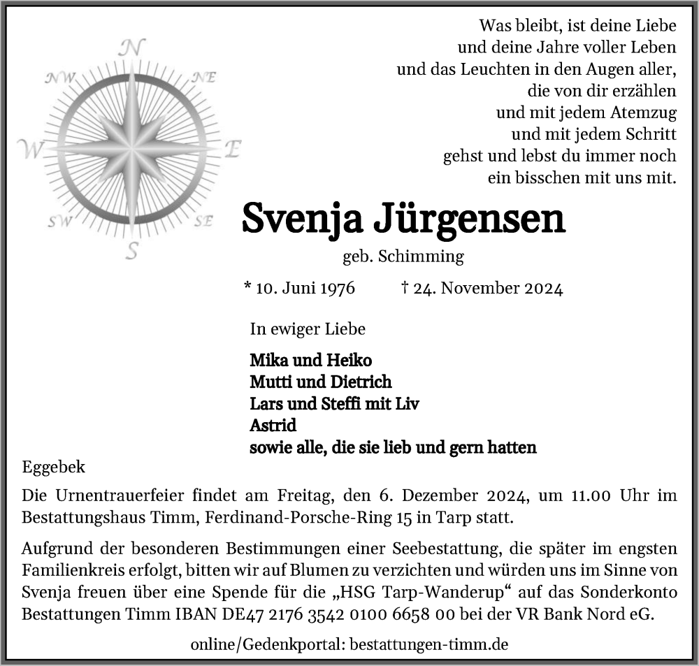  Traueranzeige für Svenja Jürgensen vom 30.11.2024 aus Region Flensburg