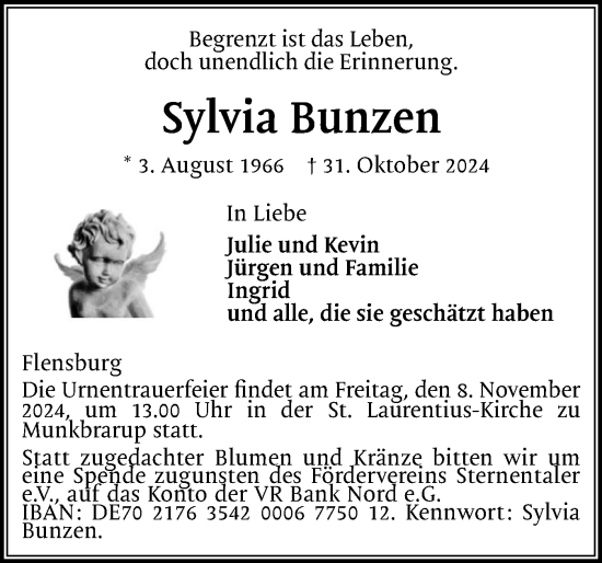 Traueranzeige von Sylvia Bunzen von Flensburger Tageblatt