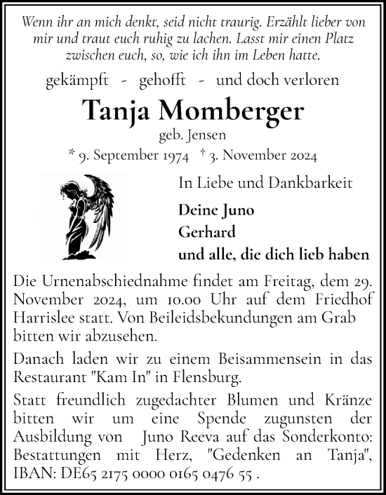 Traueranzeige von Tanja Momberger von Flensburger Tageblatt