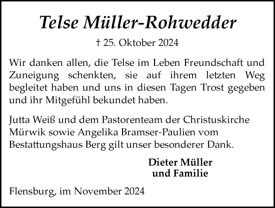 Traueranzeige von Telse Müller-Rohwedder von Flensburger Tageblatt