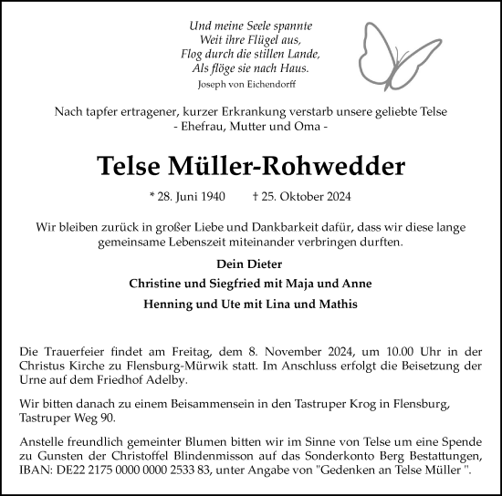 Traueranzeige von Telse Müller-Rohwedder von Flensburger Tageblatt