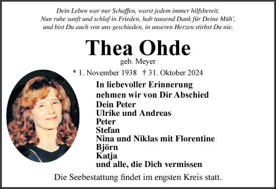 Traueranzeige von Thea Ohde von Husumer Nachrichten, Nordfriesland Tageblatt