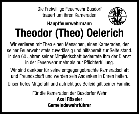 Traueranzeige von Theodor Oelerich von Schleswiger Nachrichten, Schlei-Bote