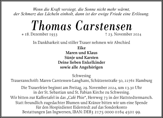 Traueranzeige von Thomas Carstensen von Husumer Nachrichten, Nordfriesland Tageblatt