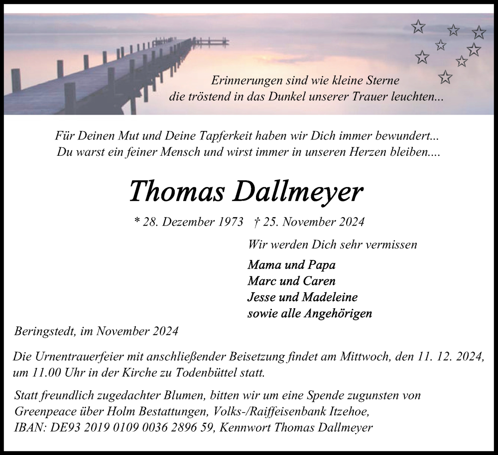  Traueranzeige für Thomas Dallmeyer vom 30.11.2024 aus Schleswig-Holsteinische Landeszeitung