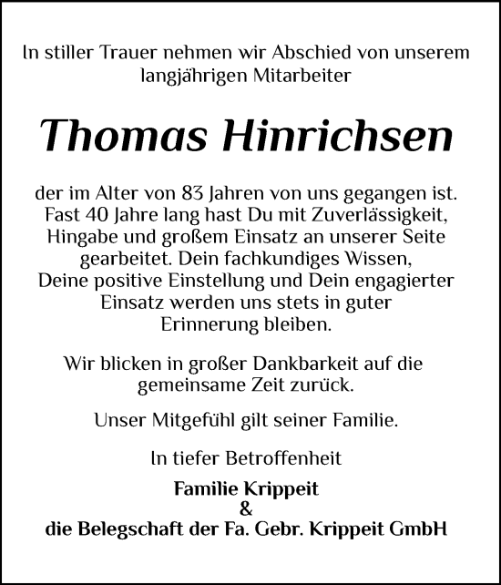 Traueranzeige von Thomas Hinrichsen von Schleswig-Holsteinische Landeszeitung