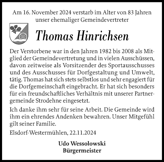 Traueranzeige von Thomas Hinrichsen von Schleswig-Holsteinische Landeszeitung