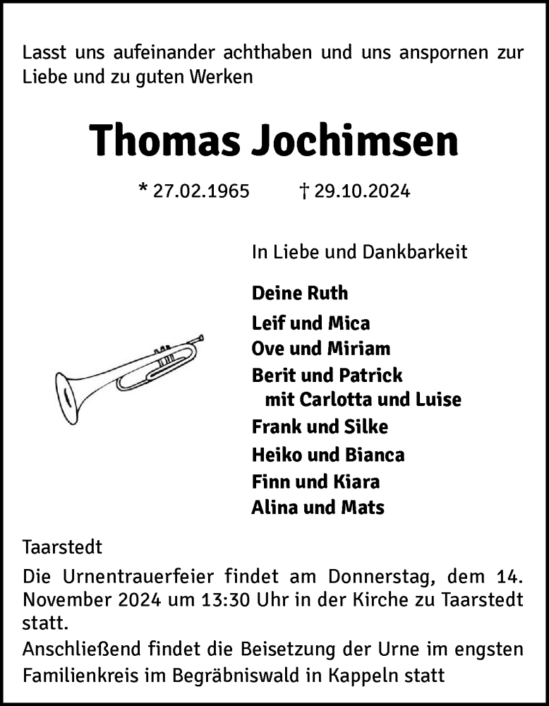  Traueranzeige für Thomas Jochimsen vom 02.11.2024 aus Schleswiger Nachrichten, Schlei-Bote