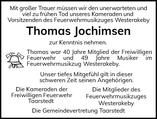 Traueranzeige von Thomas Jochimsen von Schleswiger Nachrichten, Schlei-Bote