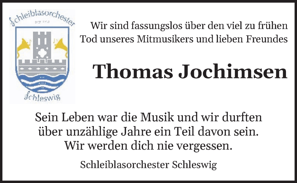  Traueranzeige für Thomas Jochimsen vom 09.11.2024 aus Schleswiger Nachrichten, Schlei-Bote