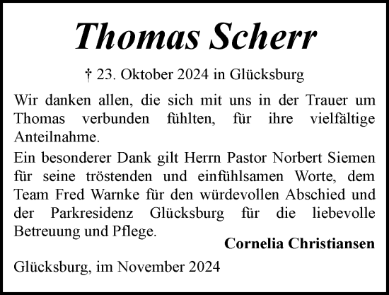 Traueranzeige von Thomas Scherr von Flensburger Tageblatt