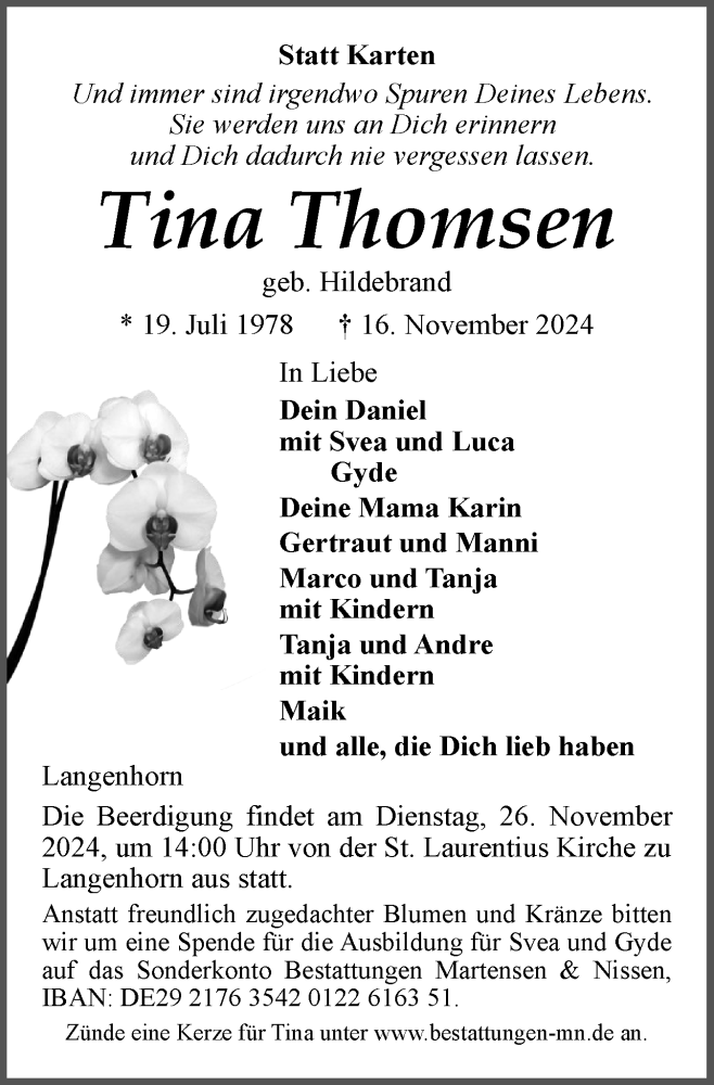  Traueranzeige für Tina Thomsen vom 23.11.2024 aus Husumer Nachrichten, Nordfriesland Tageblatt