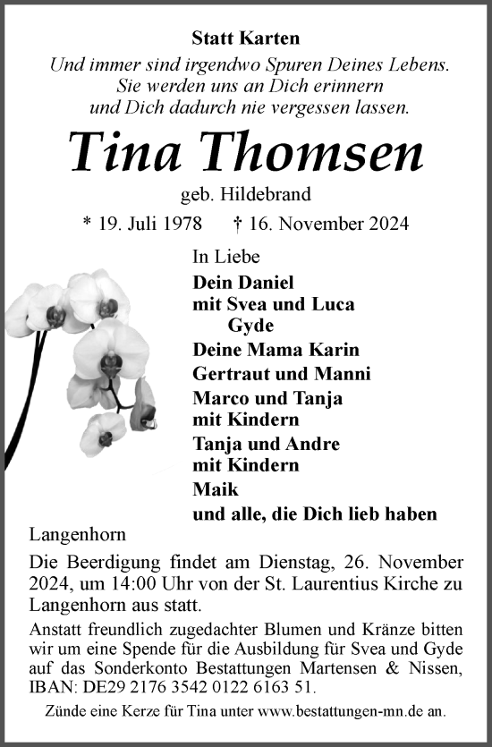 Traueranzeige von Tina Thomsen von Husumer Nachrichten, Nordfriesland Tageblatt