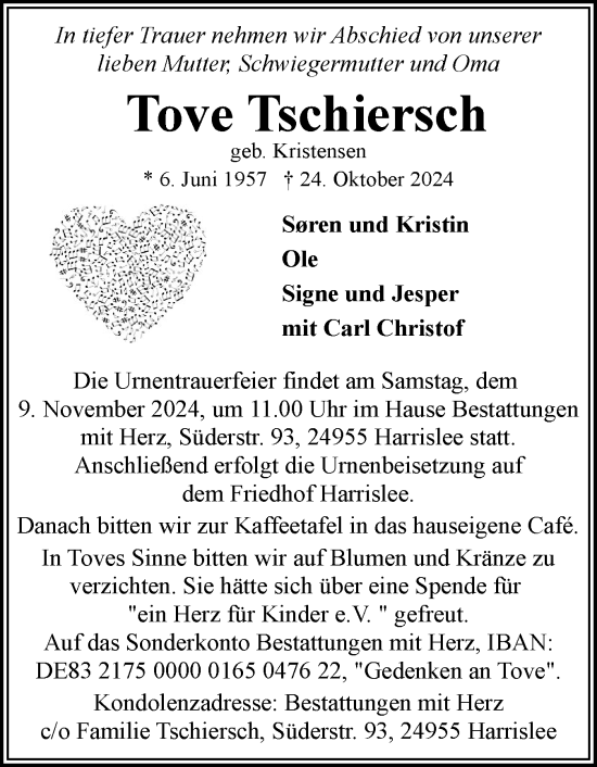 Traueranzeige von Tove Tschiersch von Flensburger Tageblatt