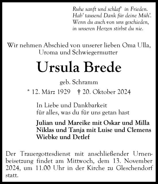 Traueranzeige von Ursula Brede von Ostholsteiner Anzeiger