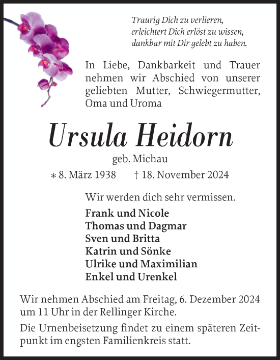 Traueranzeige von Ursula Heidorn von Region Pinneberg und tip Pinneberg