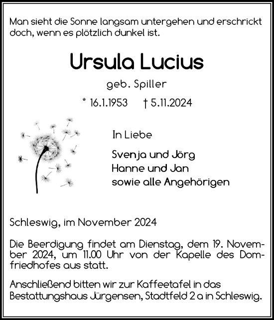 Traueranzeige von Ursula Lucius von Schleswiger Nachrichten, Schlei-Bote