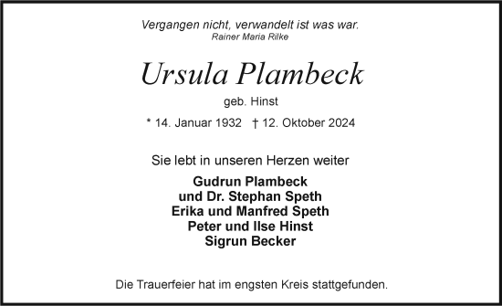 Traueranzeige von Ursula Plambeck von Holsteinischer Courier