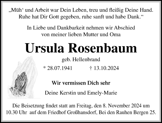 Traueranzeige von Ursula Rosenbaum von Stormaner Tageblatt